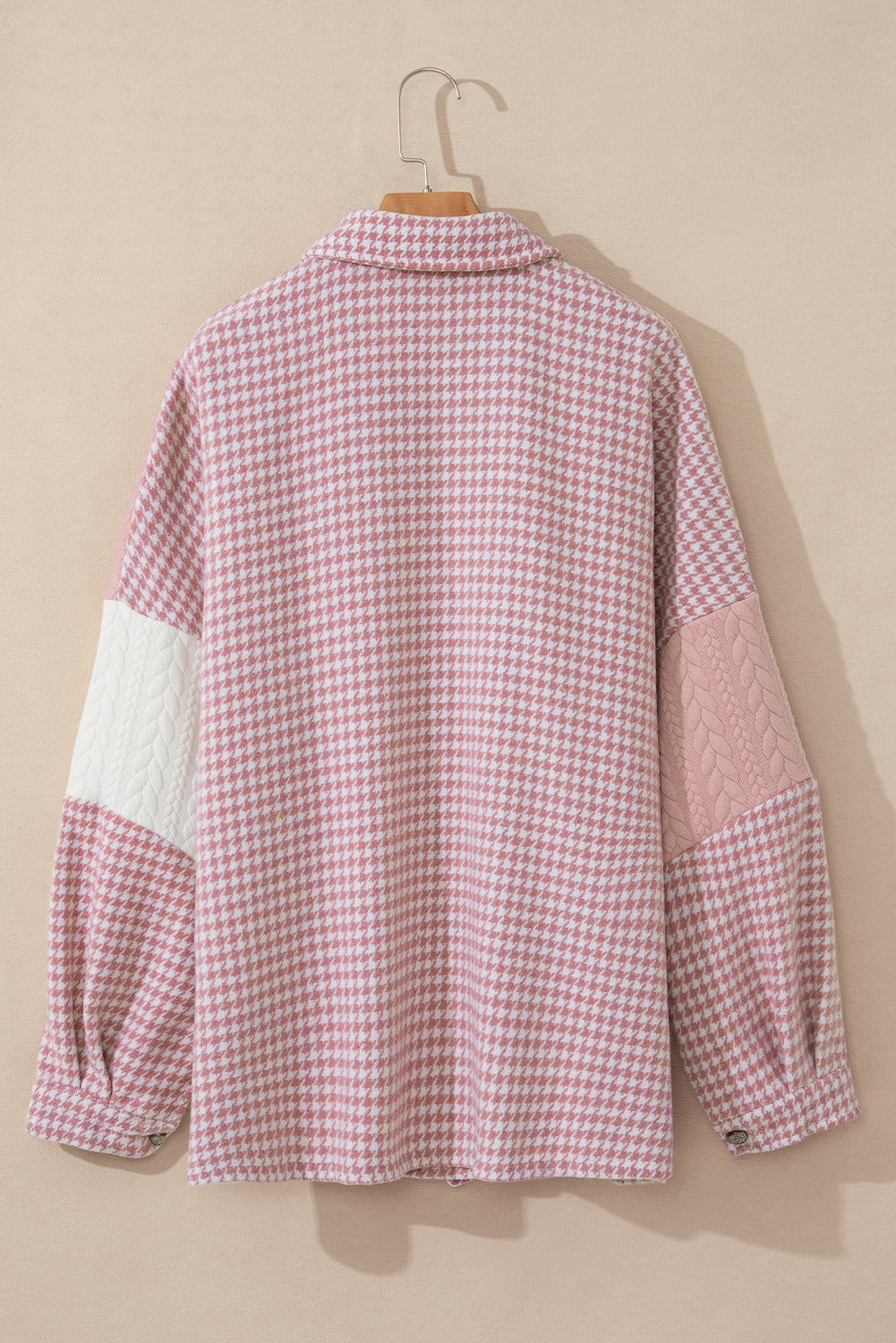 Pink Houndstooth Color Contrast Textured Patchwork Loose Shacket-Bella Boutique Collective