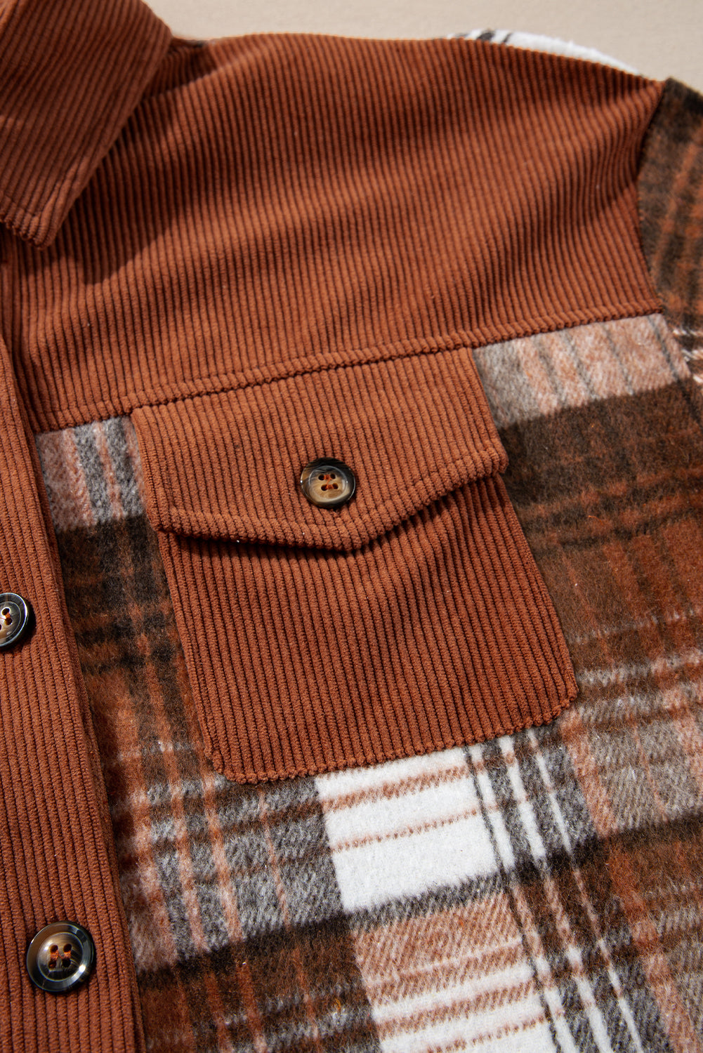Cinnamon Plaid Corduroy Patchwork Chest Pocket Shacket-Bella Boutique Collective