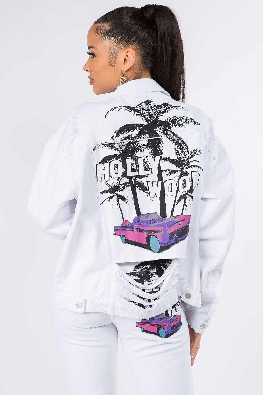 American Bazi Graphic Distressed Long Sleeve Denim Jacket-Bella Boutique Collective
