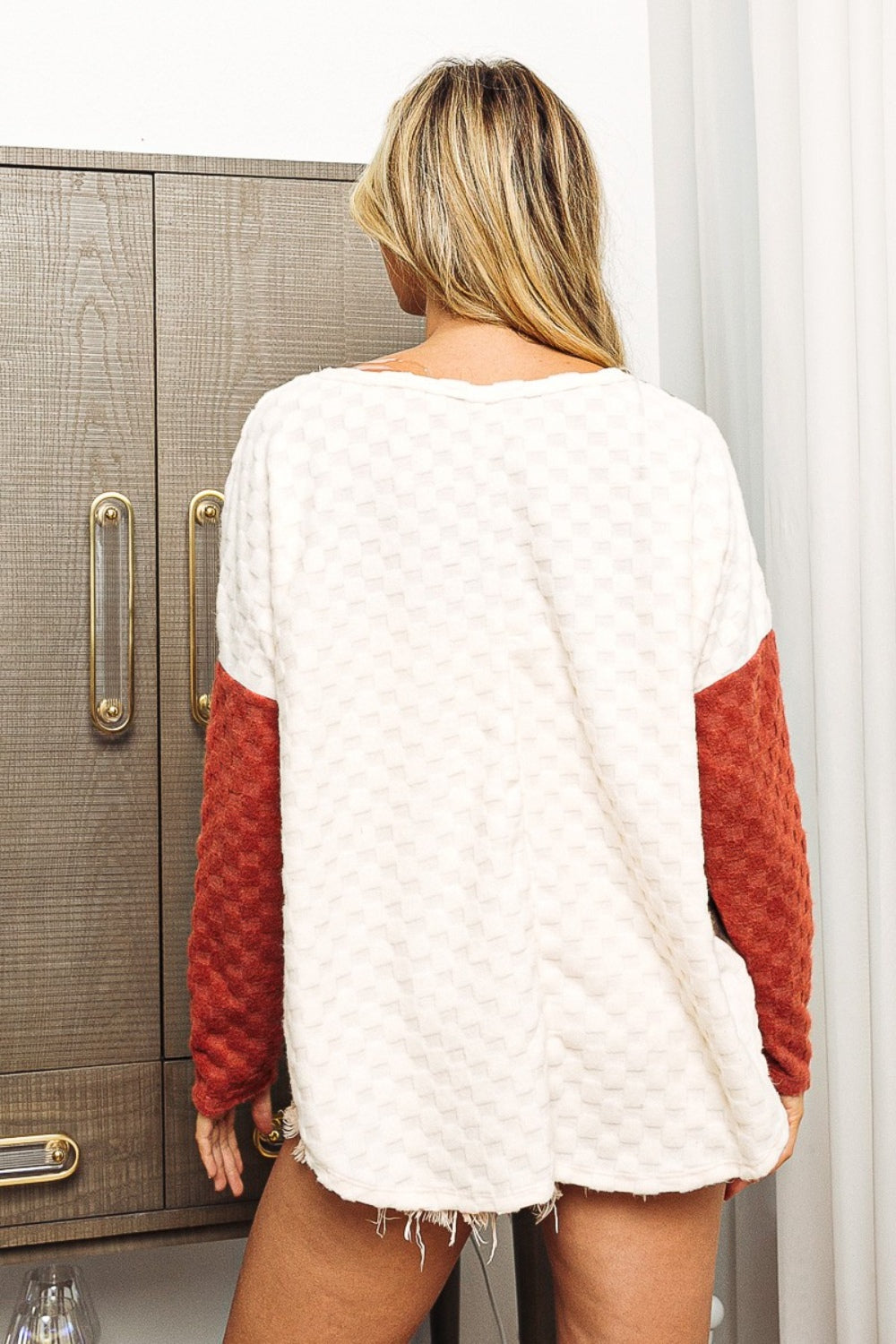 BiBi Color Block Brushed Checker Top-Bella Boutique Collective
