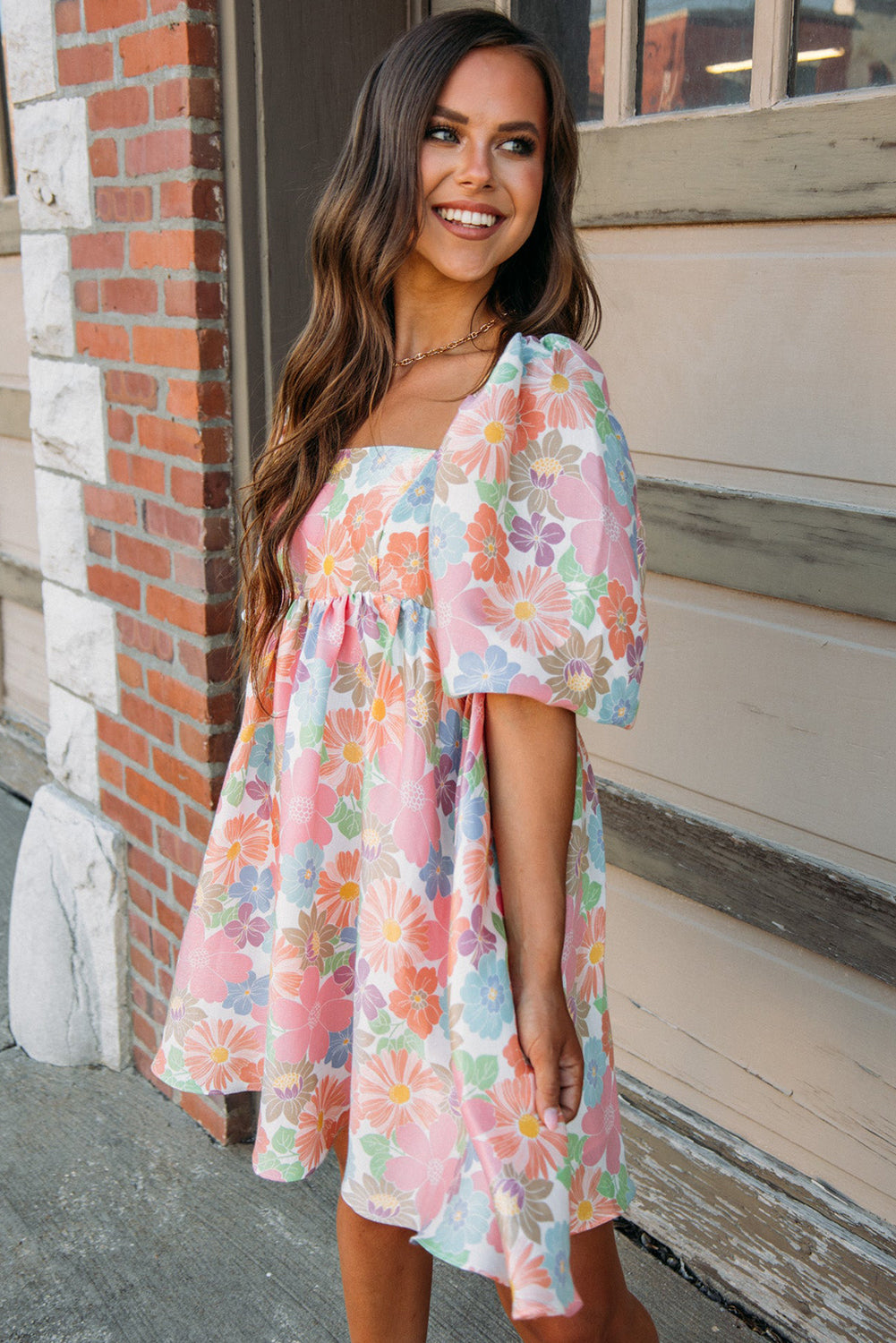 Pink Summer Floral Square Neck Puff Sleeve Babydoll Dress-Bella Boutique Collective