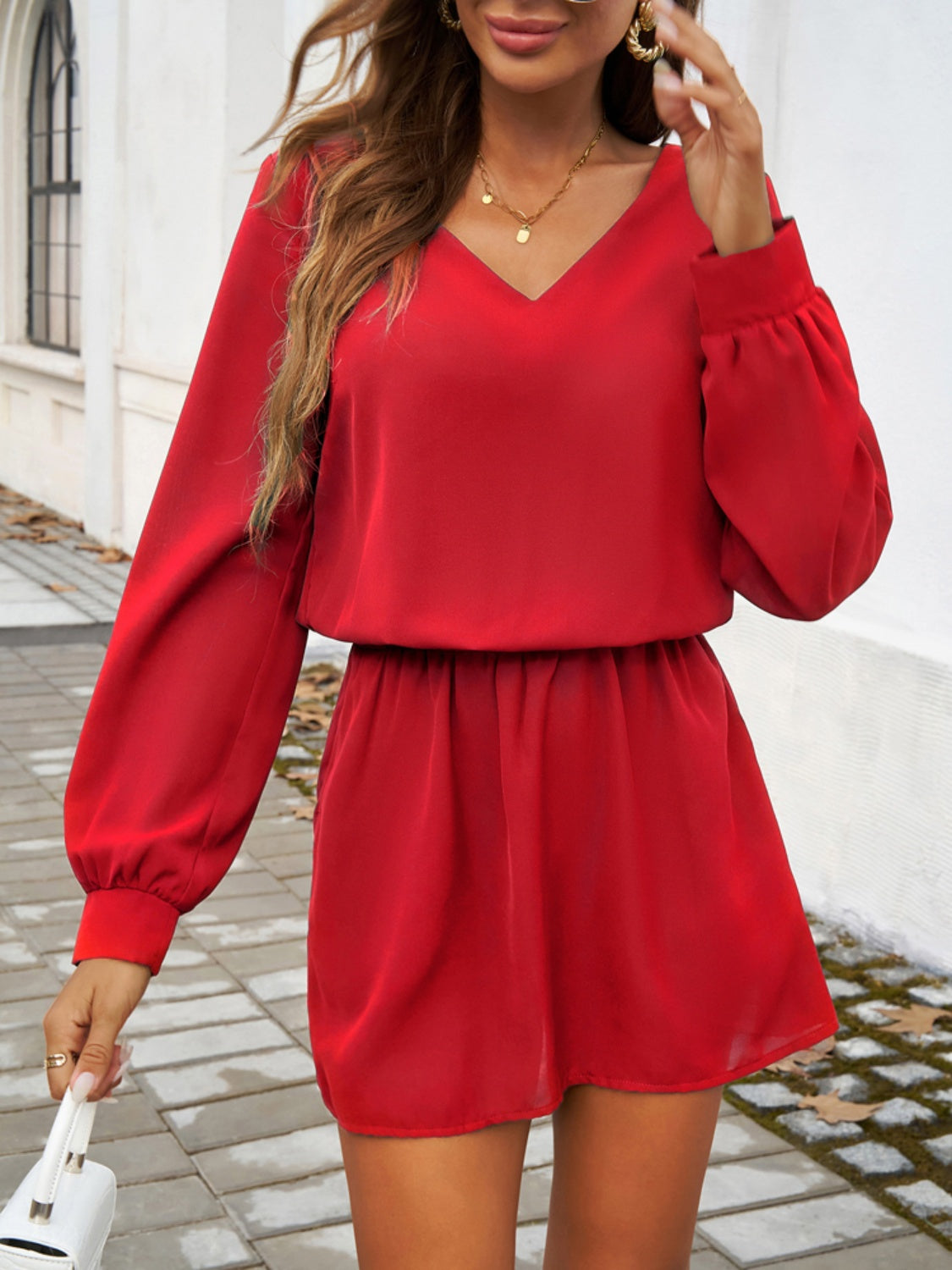Devine Cutout V-Neck Long Sleeve Mini Dress-Bella Boutique Collective