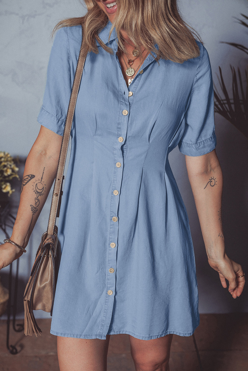 Myosotis Denim Pleated Slim Waist Short Sleeve Shirt Dress-Bella Boutique Collective