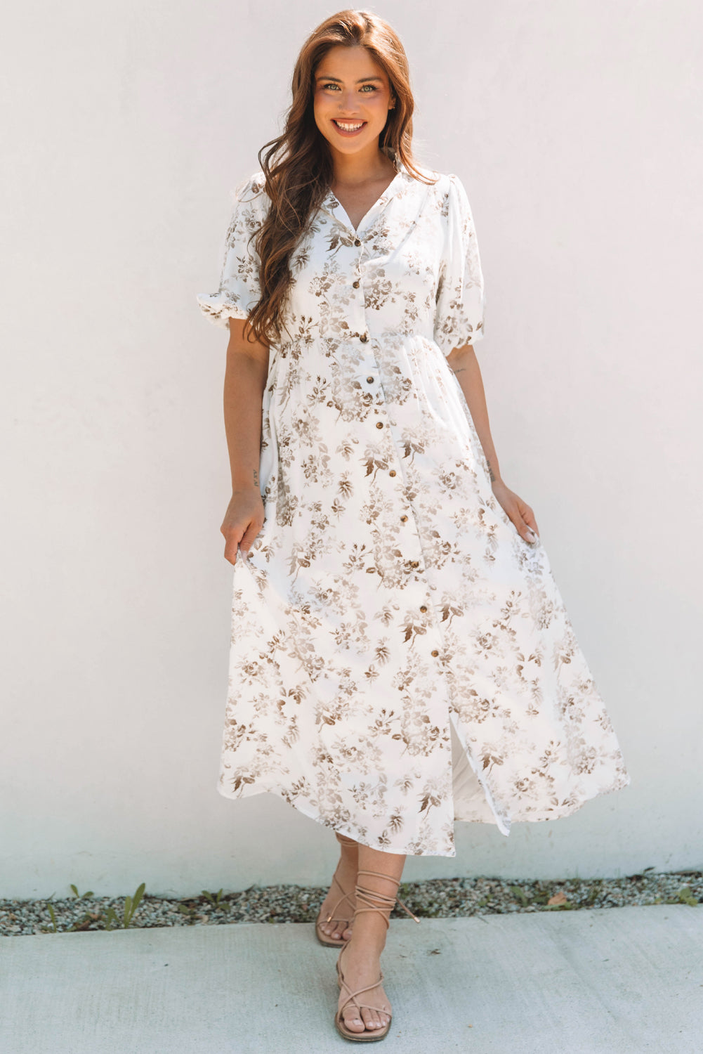 Khaki Floral Puff Sleeve V Neck Buttoned Front Maxi Dress-Bella Boutique Collective