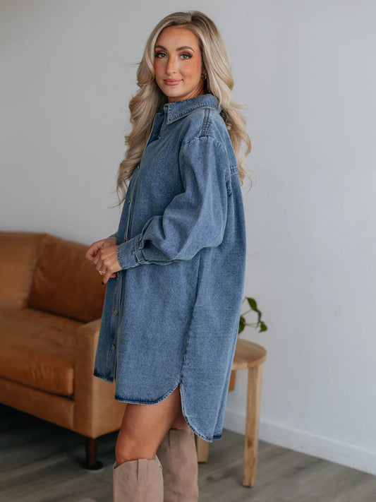Button Up Collared Neck Long Sleeve Denim Dress-Bella Boutique Collective