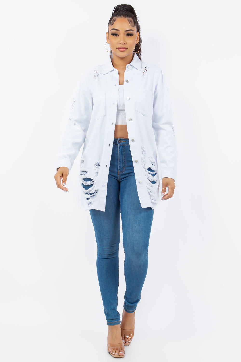American Bazi Distressed Button Up Long Sleeve Denim Jacket-Bella Boutique Collective