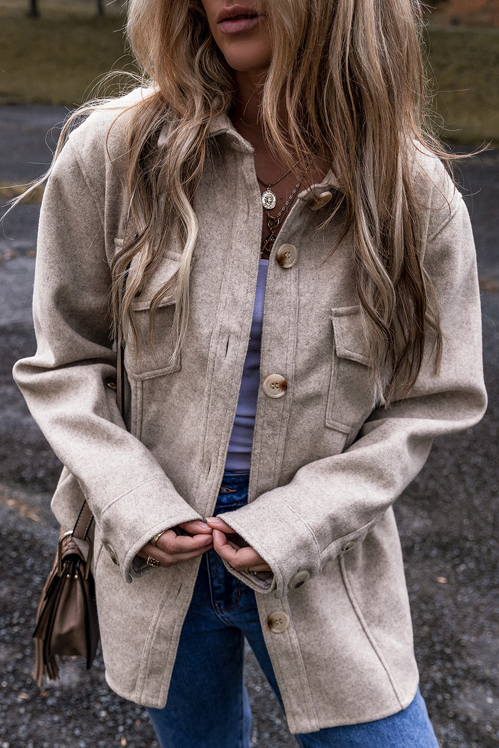 Light Grey Turn Down Collar Flap Pockets Buttoned Shacket-Bella Boutique Collective