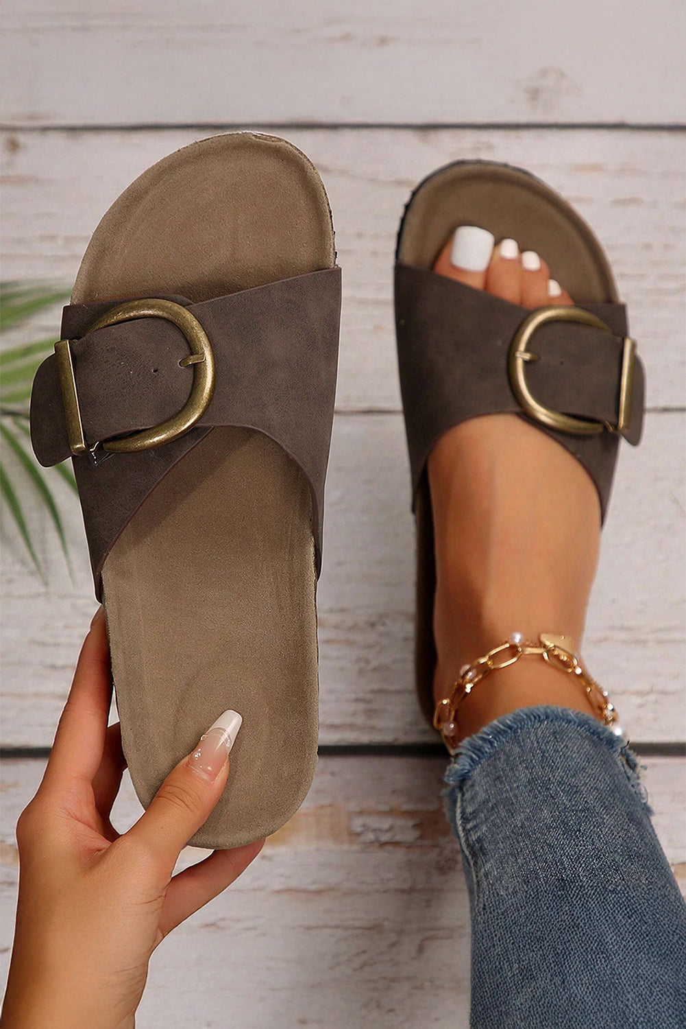 Coffee Buckle Decor Faux Suede Thick Sole Slippers-Bella Boutique Collective