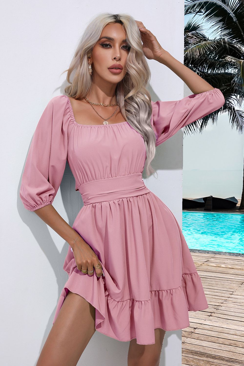 Square Neck Tie Back Ruffle Hem Dress-Bella Boutique Collective
