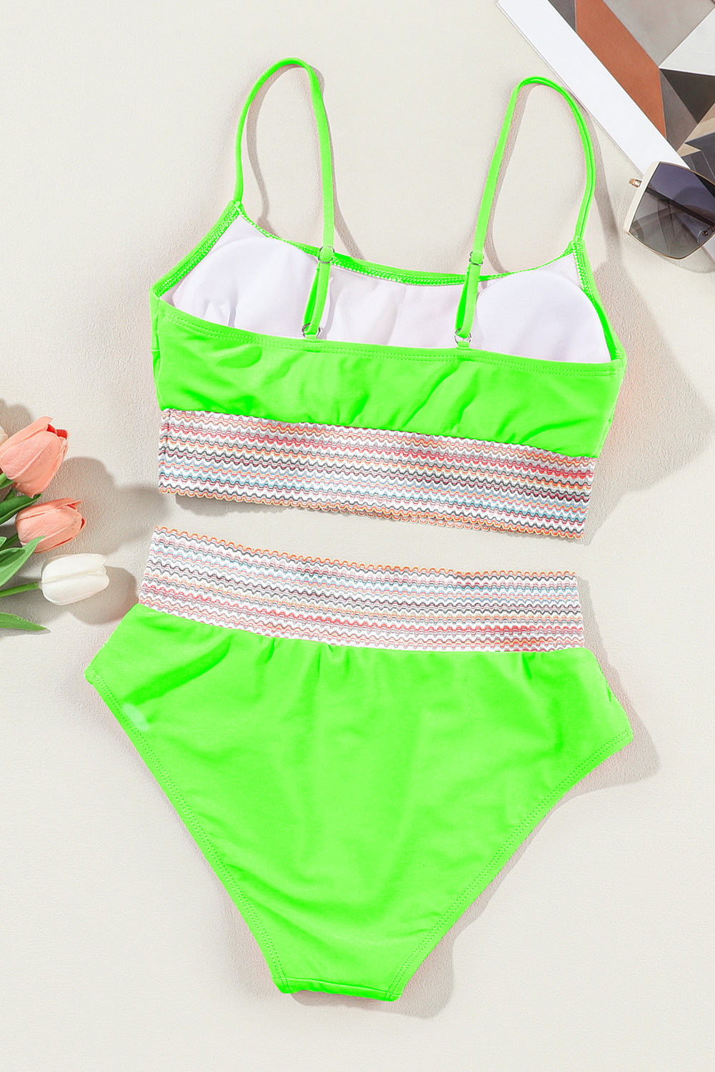 Green Striped Patchwork Spaghetti Strap High Waist Bikini Swimsuit-Bella Boutique Collective