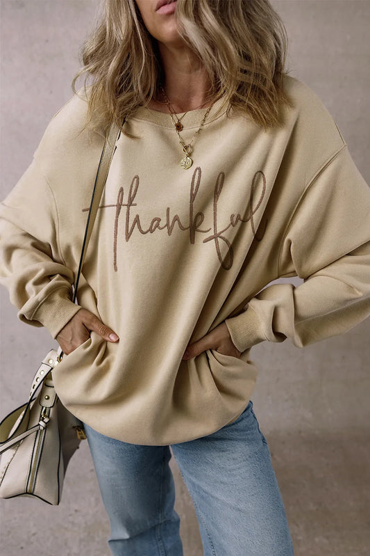 THANKFUL Round Neck Long Sleeve Sweatshirt-Bella Boutique Collective