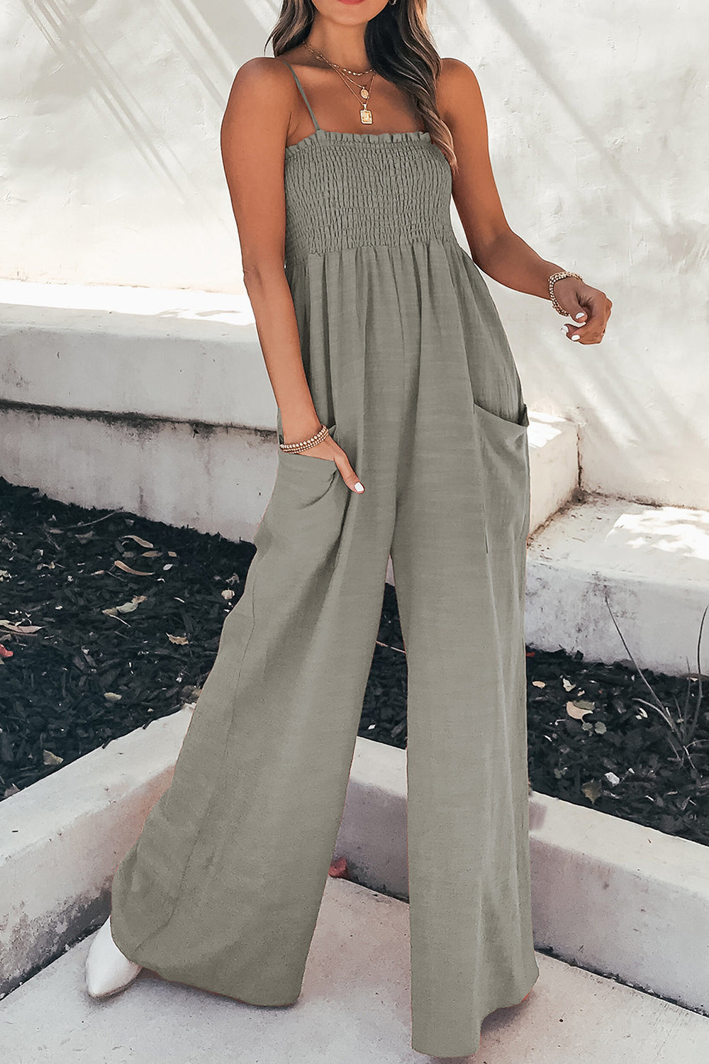 Smocked Spaghetti Strap Wide Leg Jumpsuit-Bella Boutique Collective