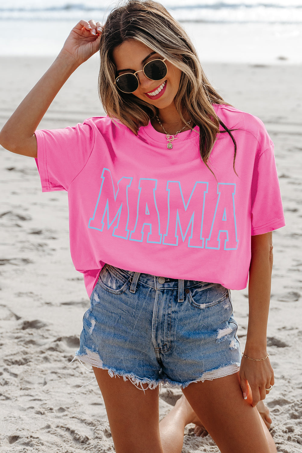 Bright Pink MAMA Letter Graphic Neon T Shirt-Bella Boutique Collective