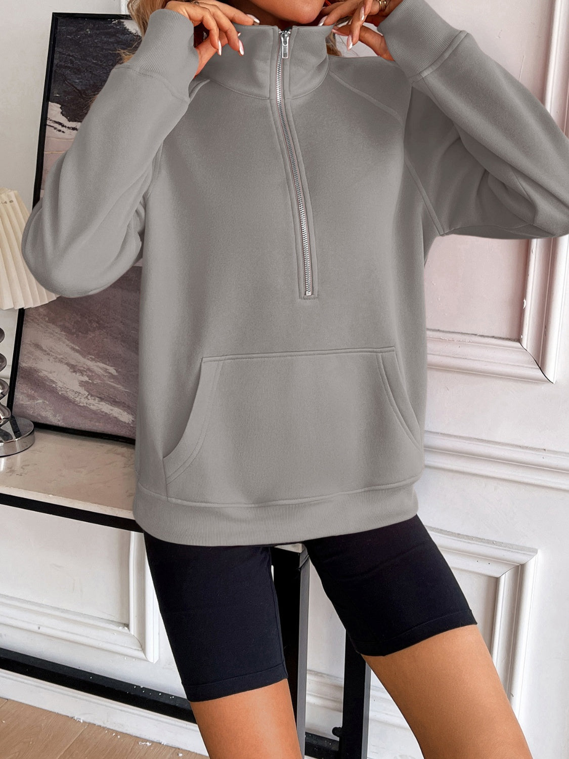 Ivy Lane Half Zip Raglan Sleeve Sweatshirt-Bella Boutique Collective