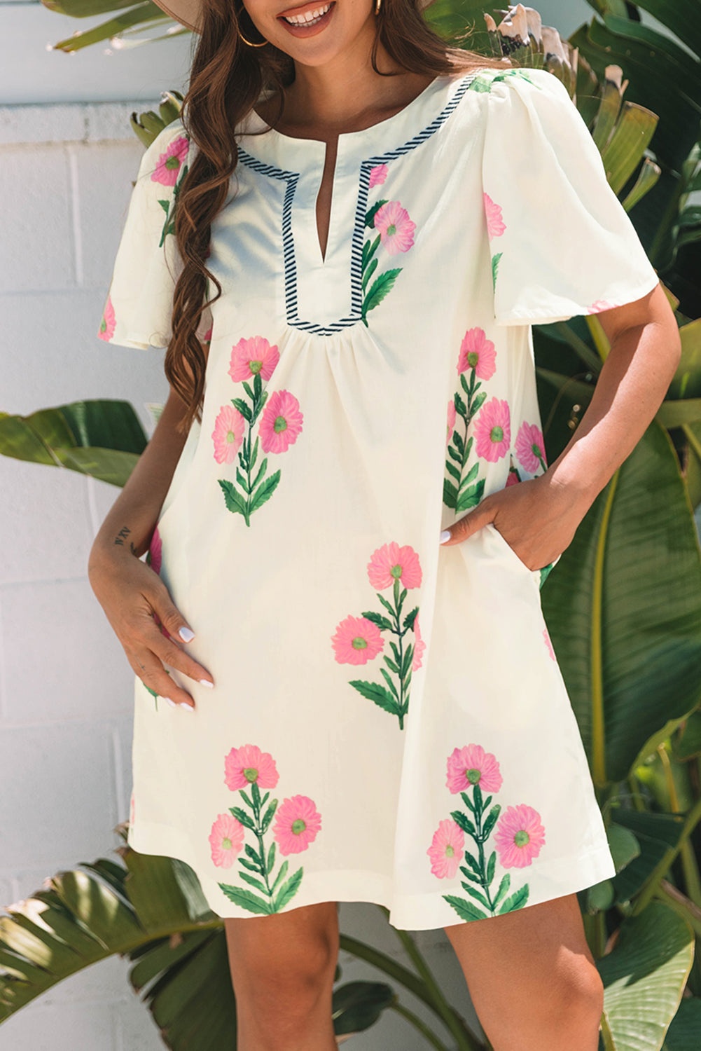 Apricot Floral Short Sleeve Split Neck Loose Mini Dress-Bella Boutique Collective