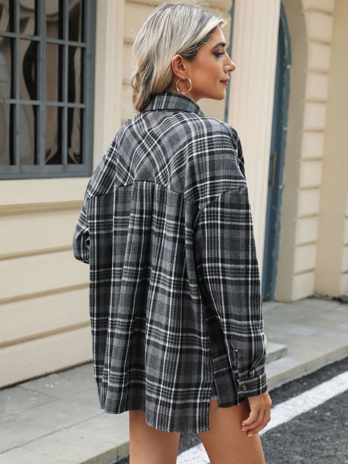 Pocketed Plaid Collared Neck Long Sleeve Shirt-Bella Boutique Collective