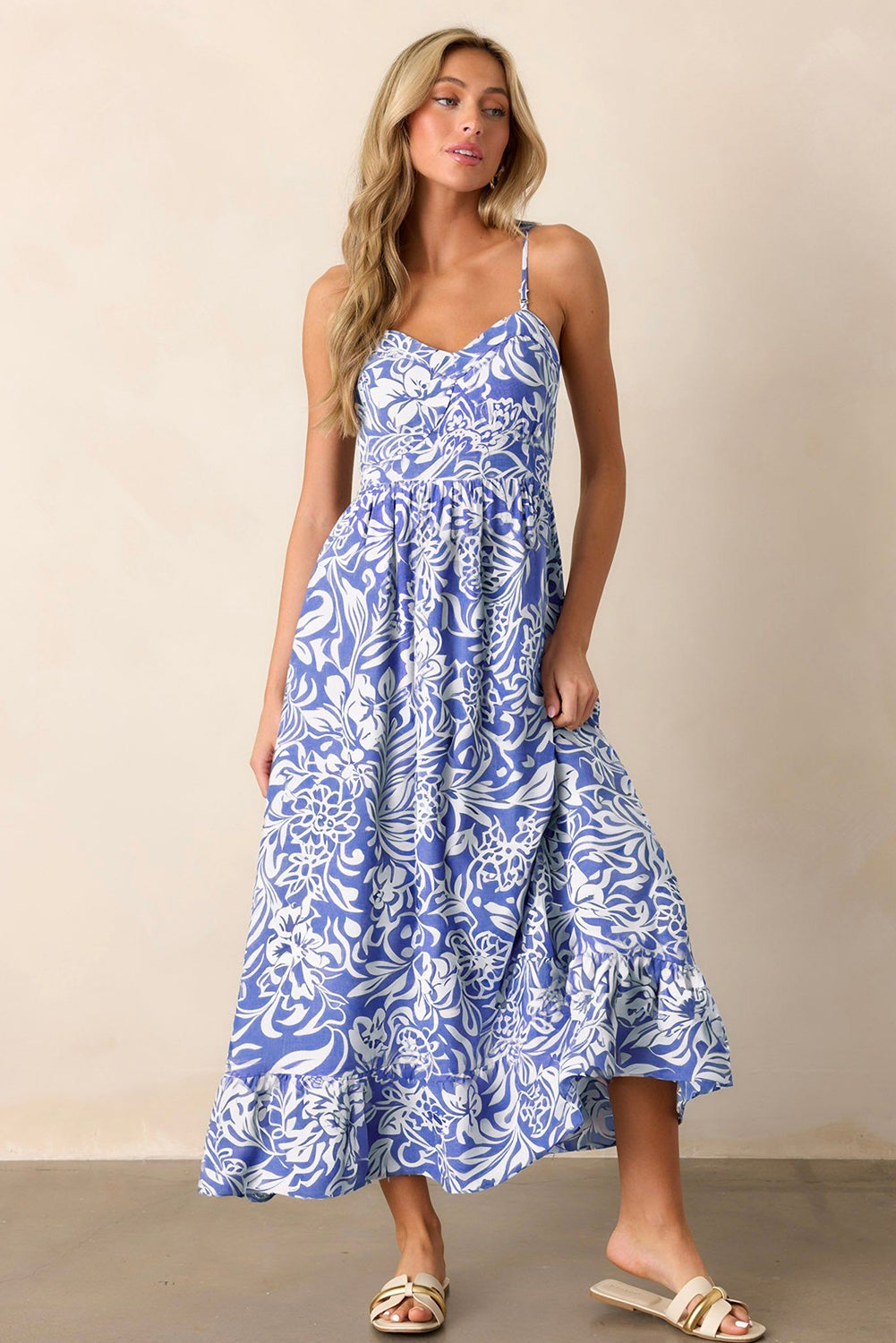 Sky Blue Floral Print Spaghetti Strap High Waist Maxi Dress-Bella Boutique Collective