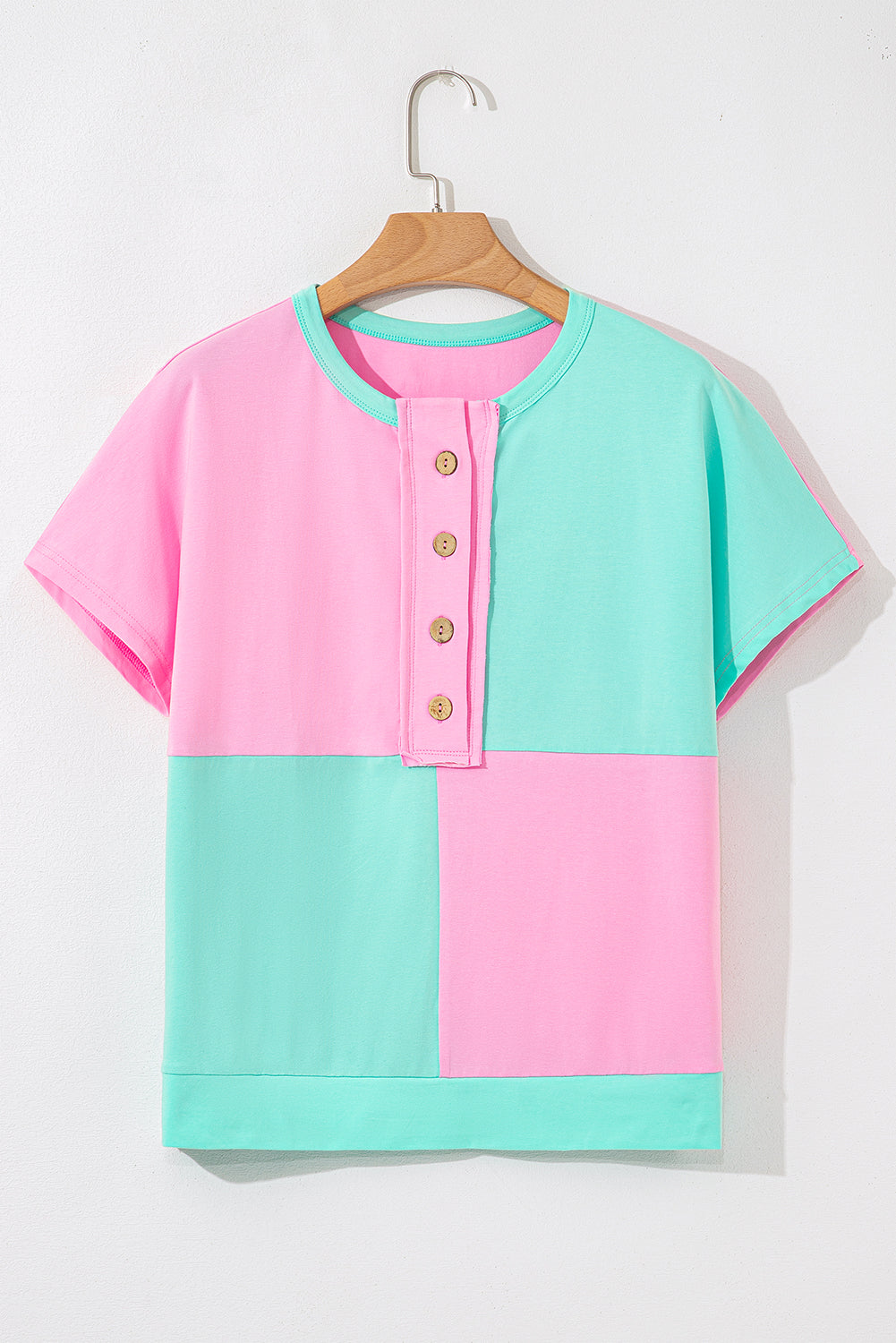 Mint Green Two Tone Half Buttons Collared T Shirt-Bella Boutique Collective