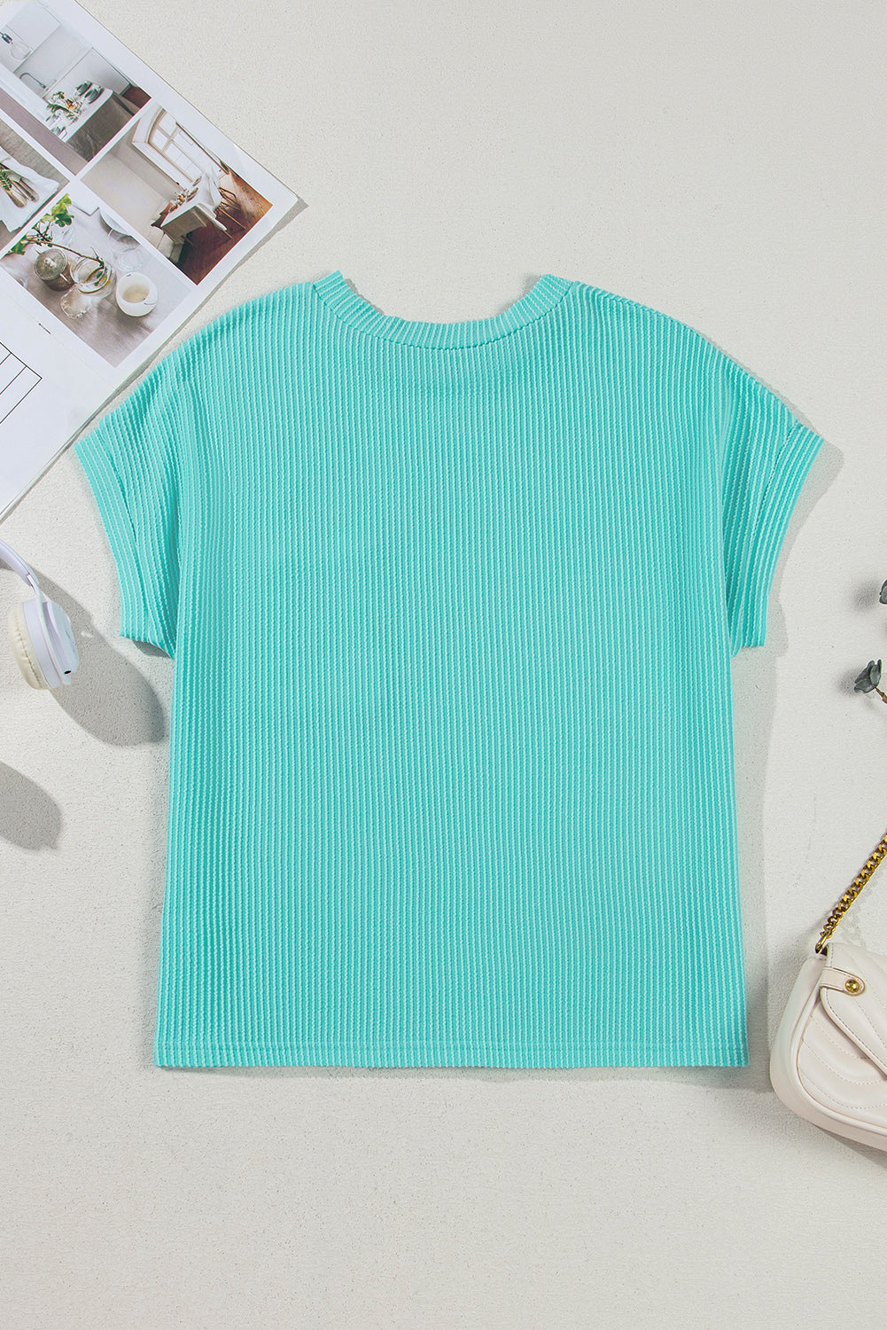 Light Blue Corded Knit Color Block Pocketed Crew Neck T Shirt-Bella Boutique Collective