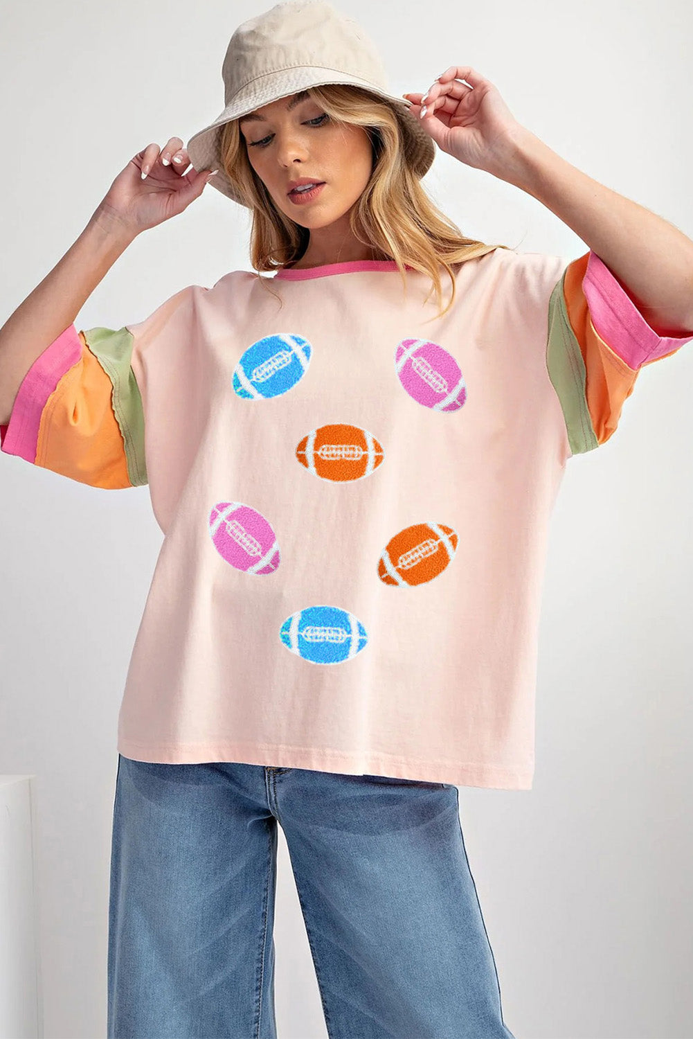 Pink Rugby Chenille Embroidered Color Block Half Sleeve T Shirt-Bella Boutique Collective