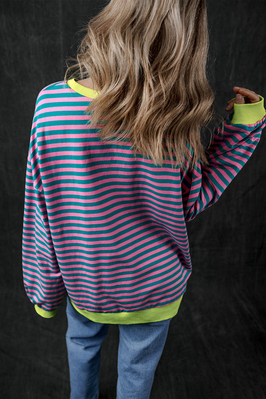 Green Stripe Oversized Contrast Trim Pullover Sweatshirt-Bella Boutique Collective