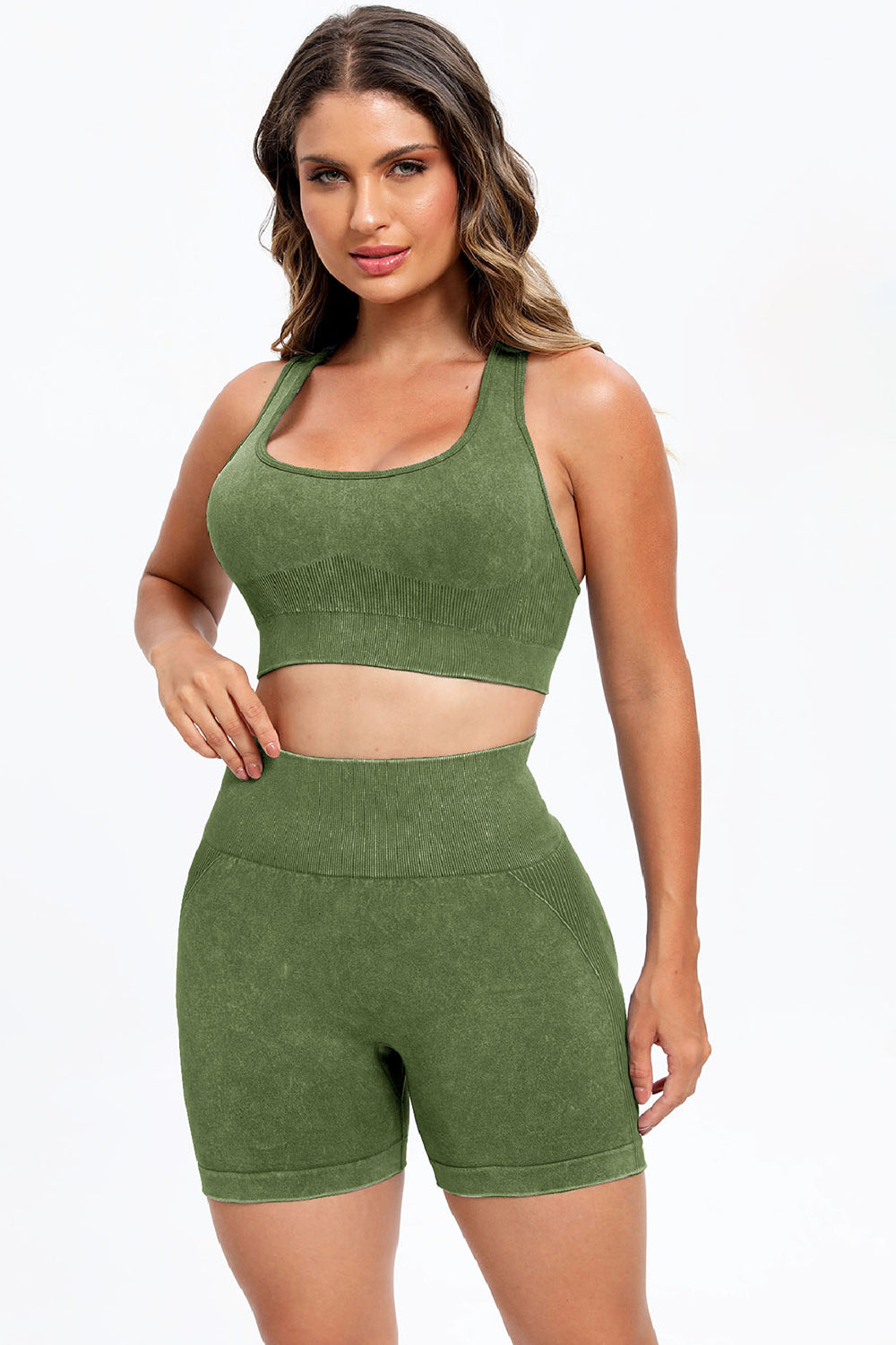 3 Piece Washed Square Neck Wide Strap Active Set-Bella Boutique Collective