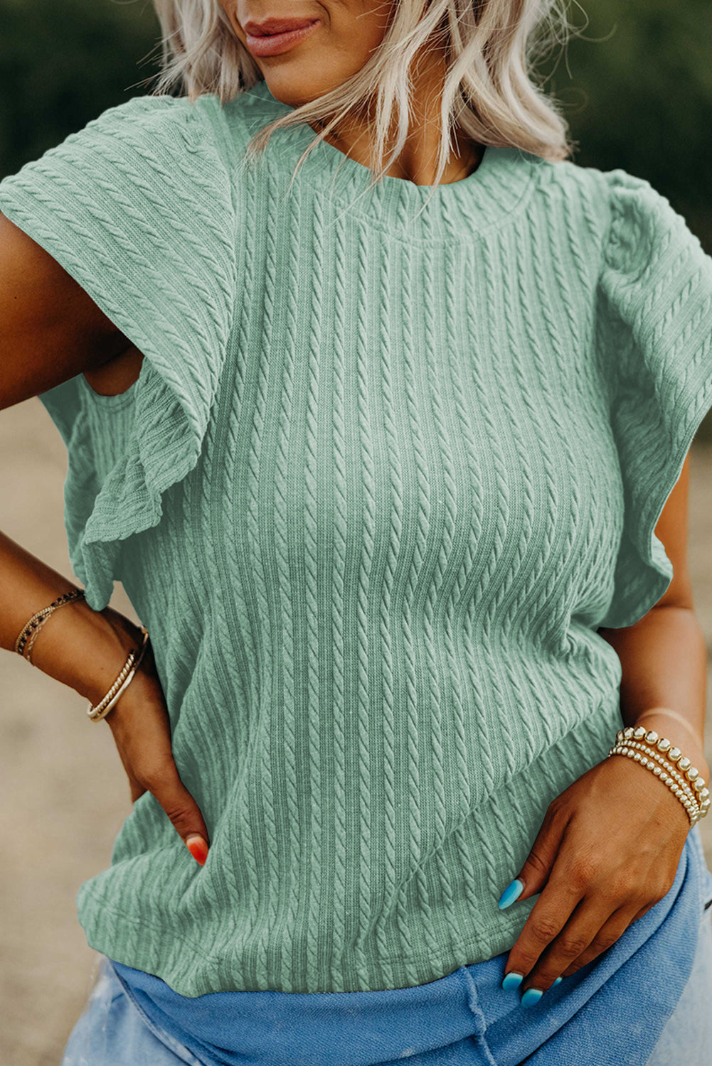 Moonlight Jade Solid Color Textured Flutter Sleeve Top-Bella Boutique Collective