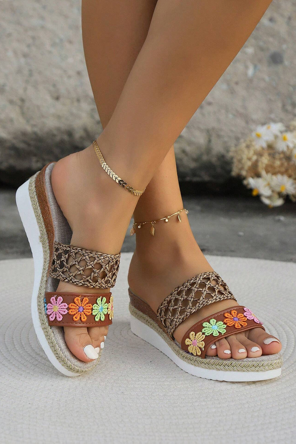 White Floral Print Braided Details Wedge Slippers-Bella Boutique Collective