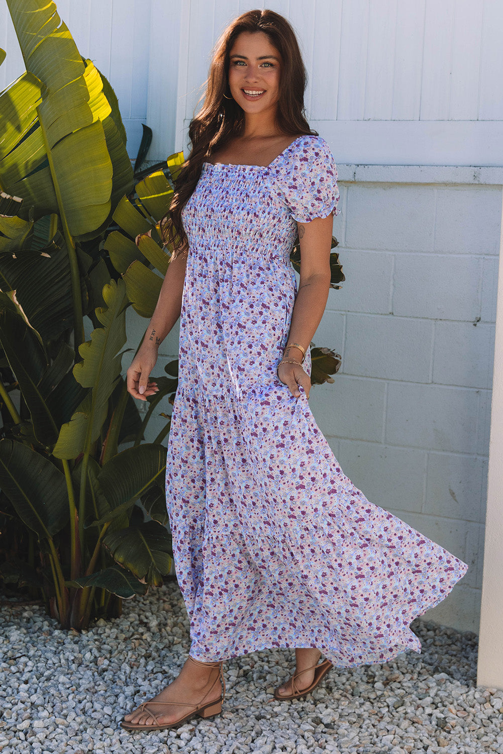 Purple Floral Short Bubble Sleeve Shirred High Waist Maxi Dress-Bella Boutique Collective