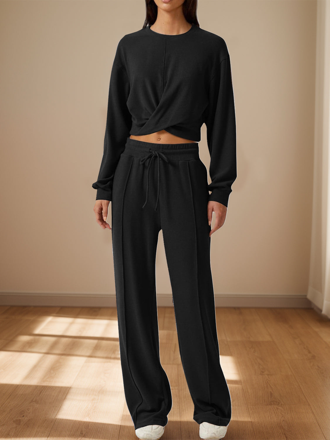 Crisscross Round Neck Top and Drawstring Pants Set-Bella Boutique Collective