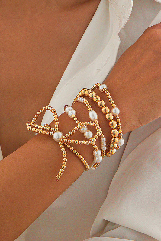Gold Bow Knot Pearl Beaded Multi Layered Bracelet Set-Bella Boutique Collective