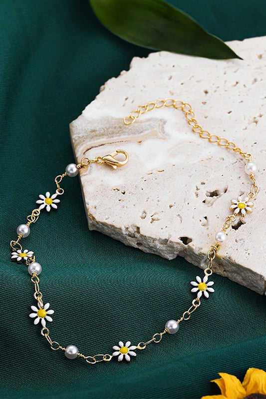 Gold Daisy & Pearl Chain Anklet-Bella Boutique Collective
