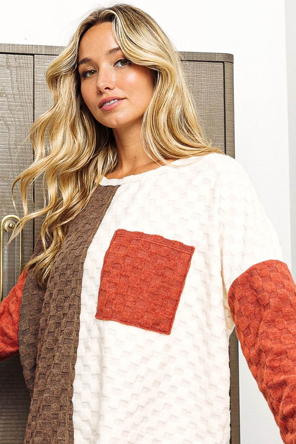 BiBi Color Block Brushed Checker Top-Bella Boutique Collective