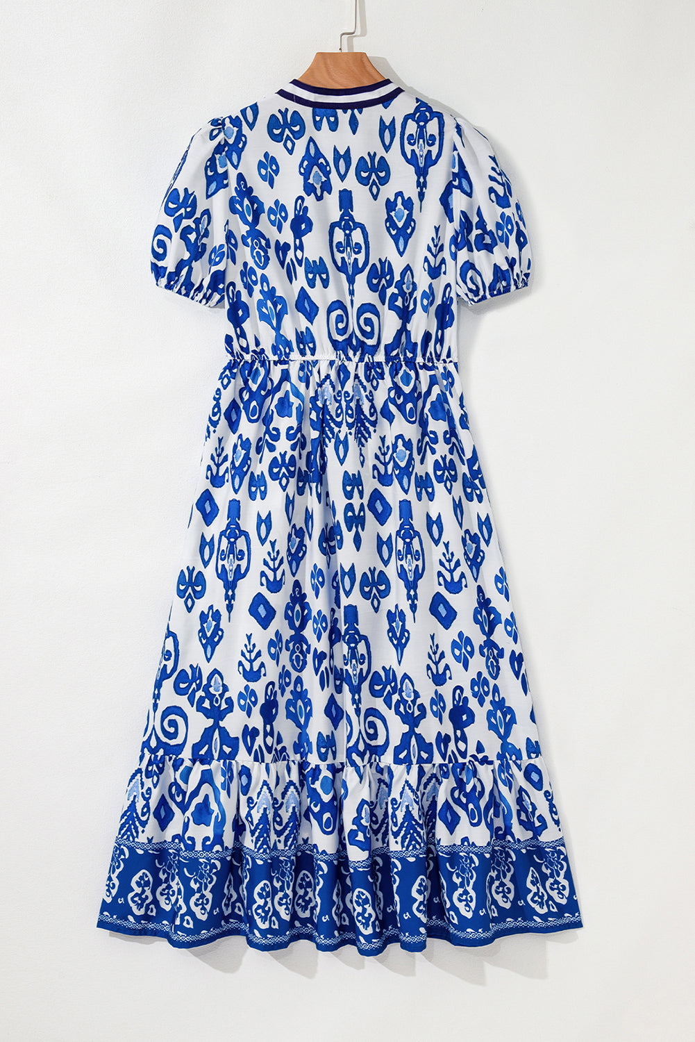 Blue Floral Puff Short Sleeve V Neck High Waist Maxi Dress-Bella Boutique Collective