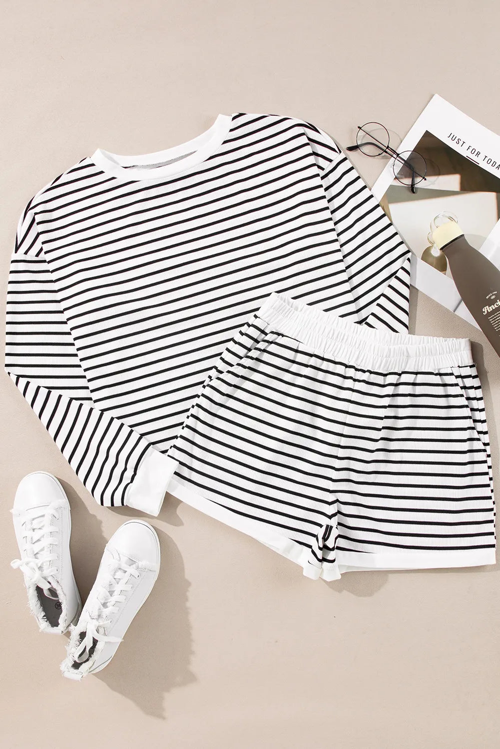 Striped Round Neck Long Sleeve Top and Shorts Set-Bella Boutique Collective