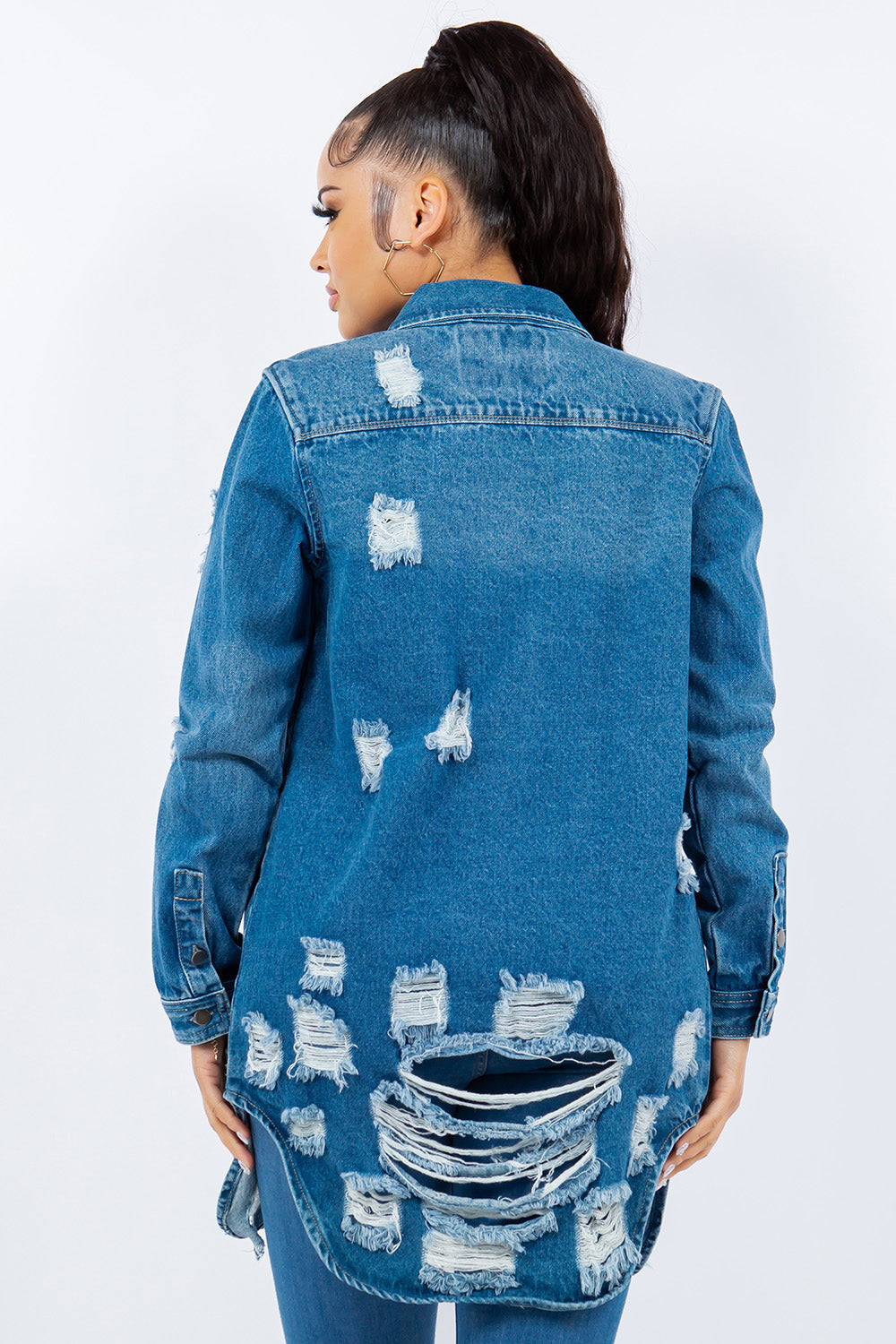 American Bazi Distressed Button Up Long Sleeve Denim Jacket-Bella Boutique Collective