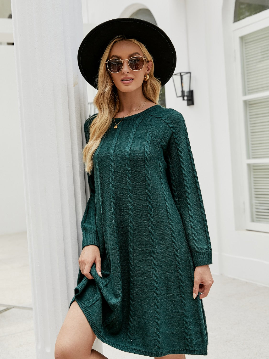 Cable-Knit Long Sleeve Sweater Dress-Bella Boutique Collective