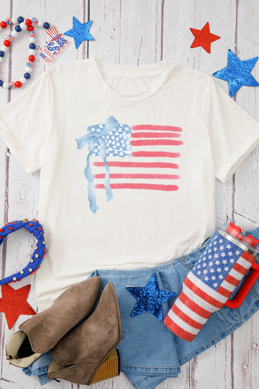 White American Flag Bow Knot Print Crew Neck T Shirt-Bella Boutique Collective