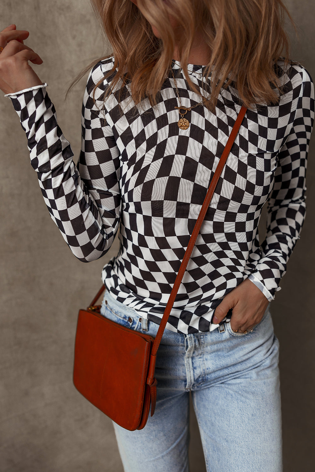 Black Checkered Pattern Mesh Mock Neck Long Sleeve Top-Bella Boutique Collective