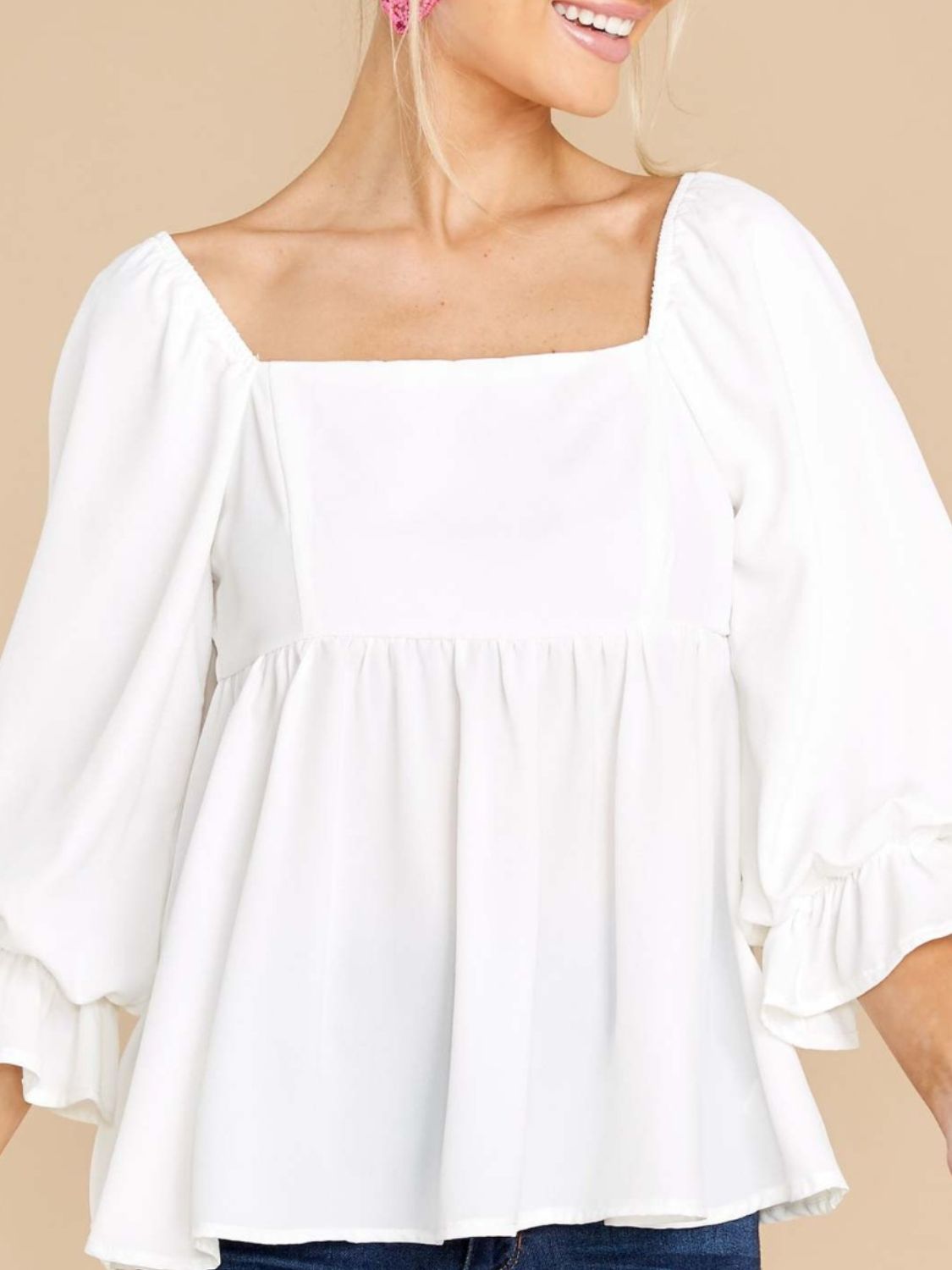 Smocked Square Neck Flounce Sleeve Blouse-Bella Boutique Collective
