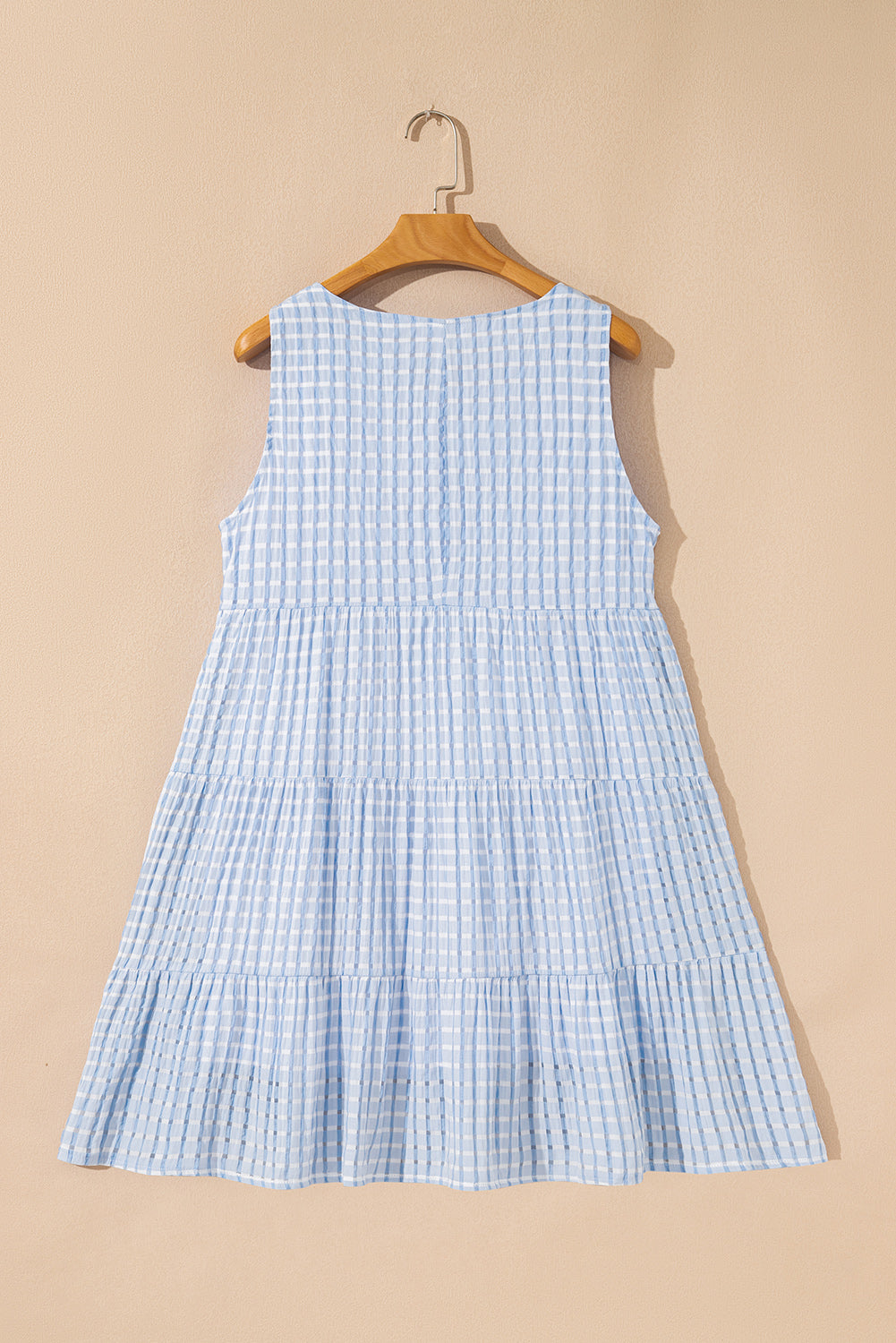 Light Blue Plaid Tiered A-line Sleeveless Mini Sundress-Bella Boutique Collective