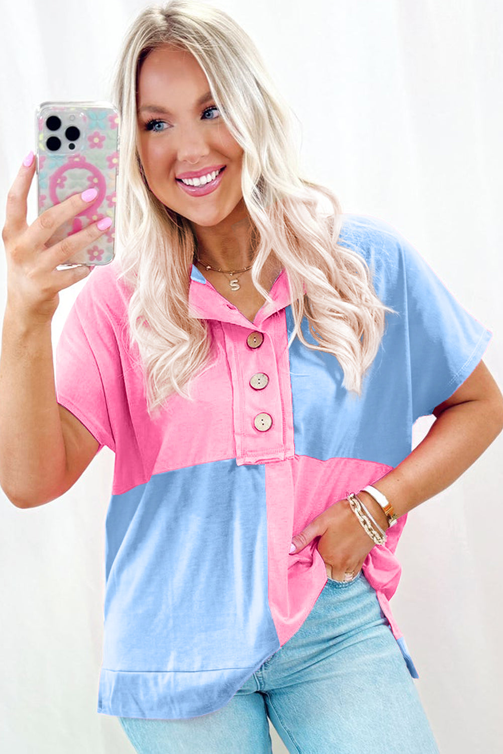 Myosotis Two Tone Half Buttons Collared T Shirt-Bella Boutique Collective
