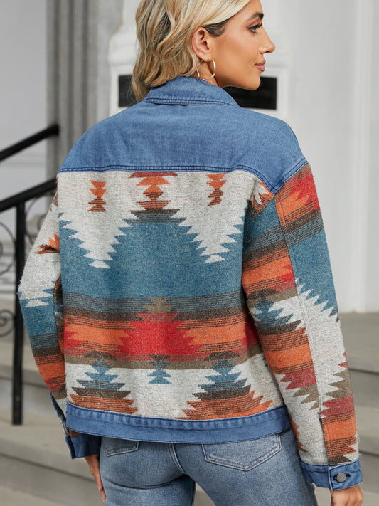 Geometric Button Up Long Sleeve Denim Jacket-Bella Boutique Collective