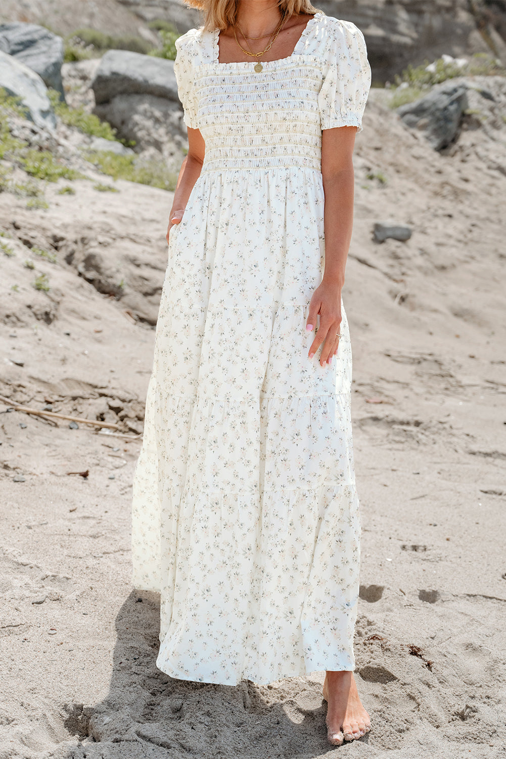 White Frilly Shirred Bodice Tiered Floral Maxi Dress-Bella Boutique Collective