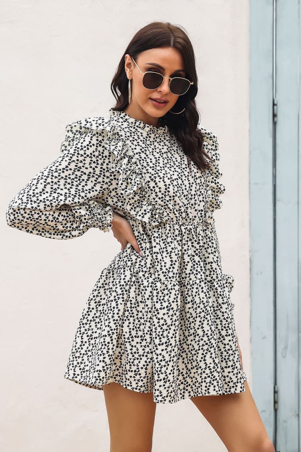 Printed Ruffle Trim Smocked Long Sleeve Mini Dress-Bella Boutique Collective