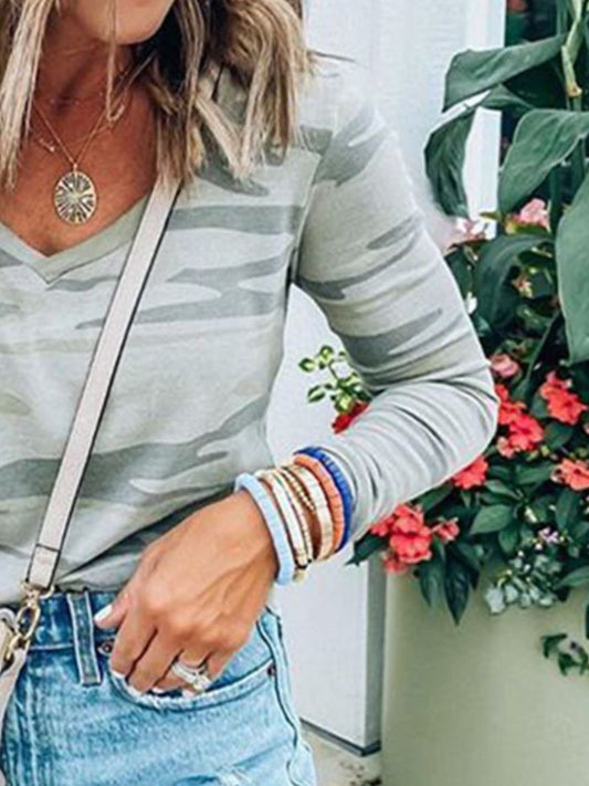 Camouflage V-Neck Long Sleeve T-Shirt-Bella Boutique Collective