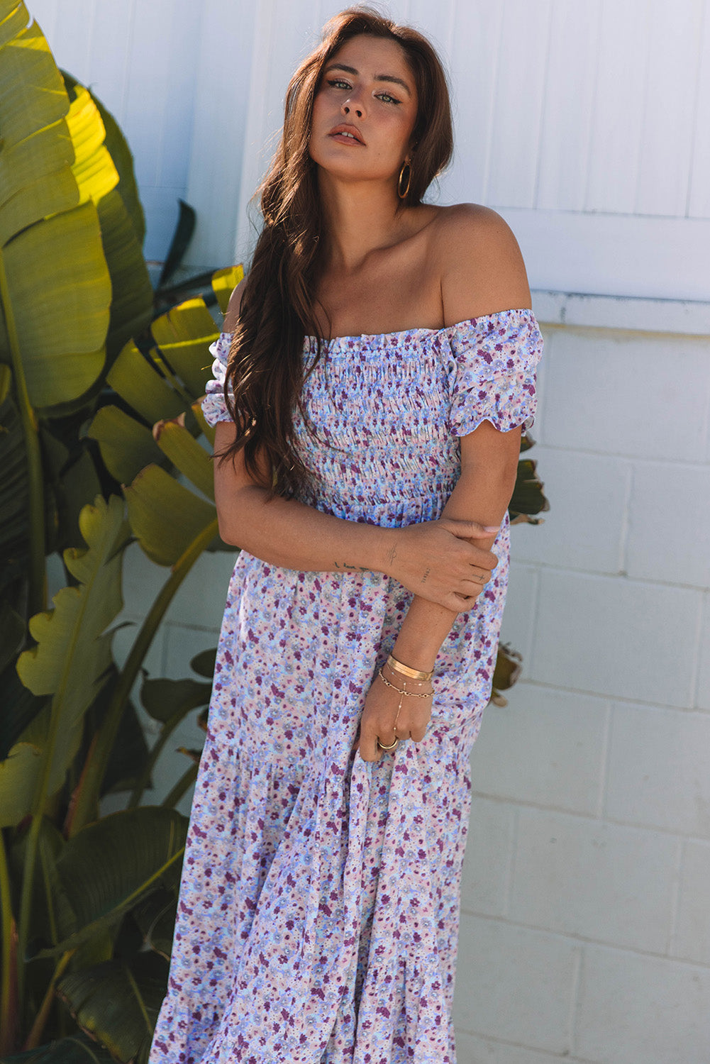 Purple Floral Short Bubble Sleeve Shirred High Waist Maxi Dress-Bella Boutique Collective