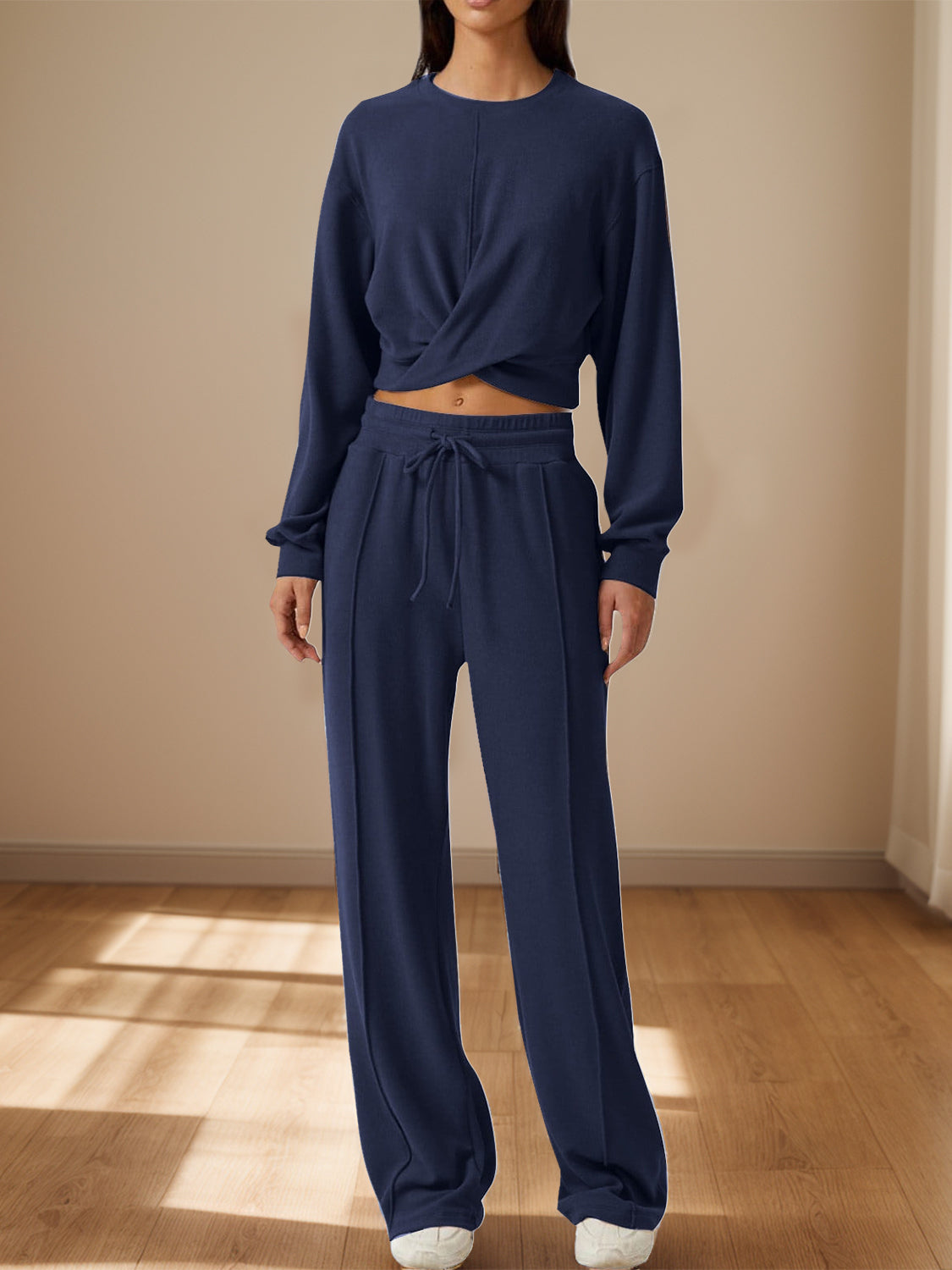 Crisscross Round Neck Top and Drawstring Pants Set-Bella Boutique Collective
