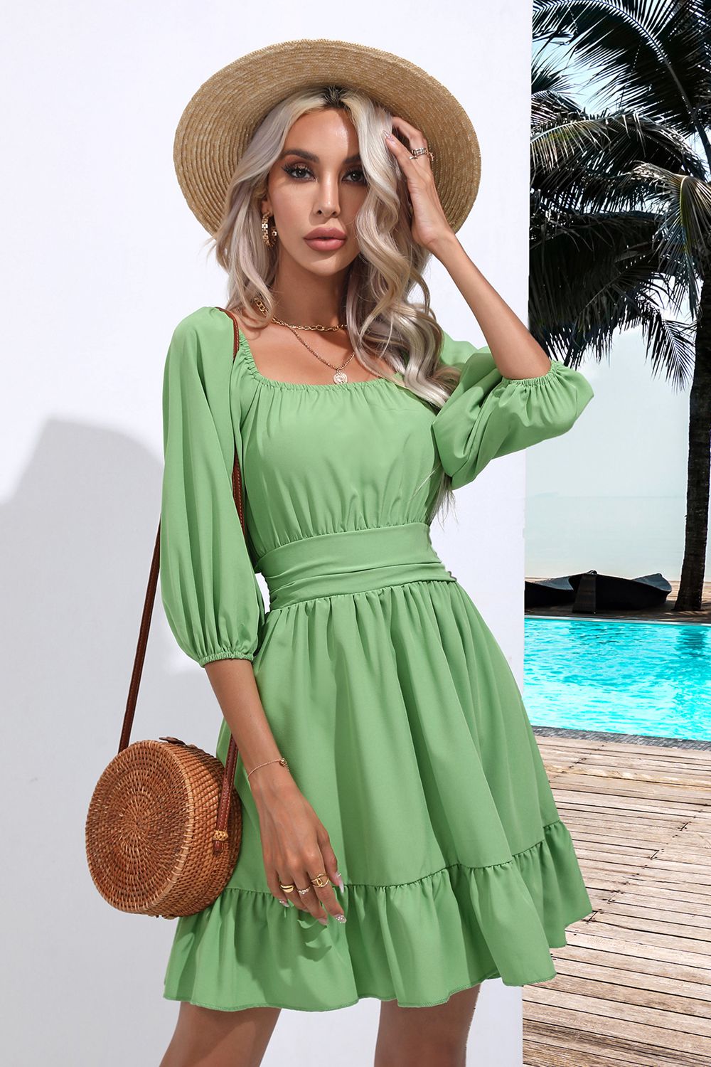 Square Neck Tie Back Ruffle Hem Dress-Bella Boutique Collective