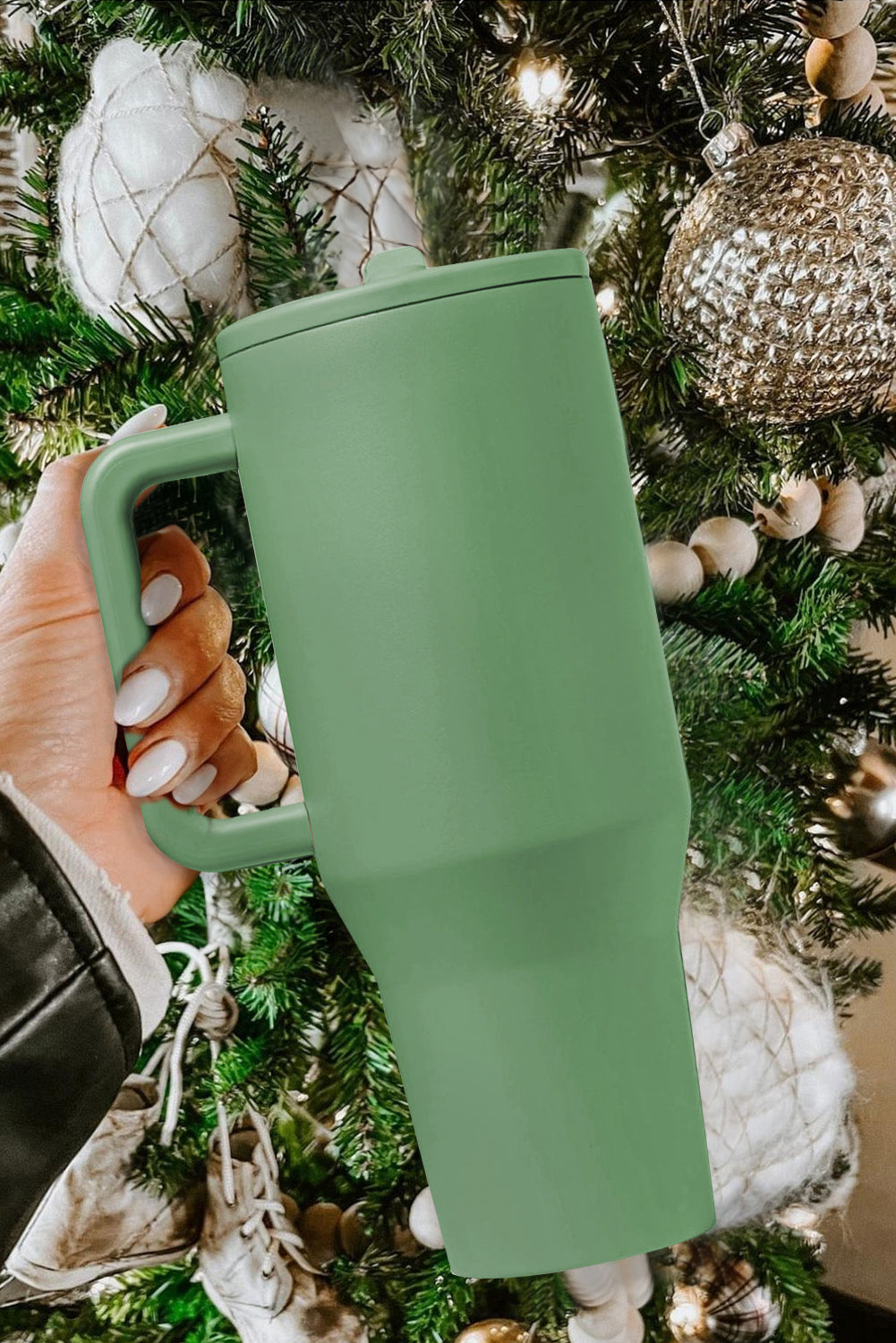 Dark Green Frosted Stainless Handle Large Vacuum Cup with Straw 40oz-Bella Boutique Collective